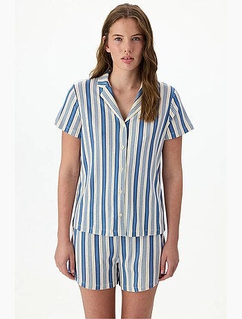 Completo pigiama a righe in pointelle con camicia a maniche corte e shorts penti