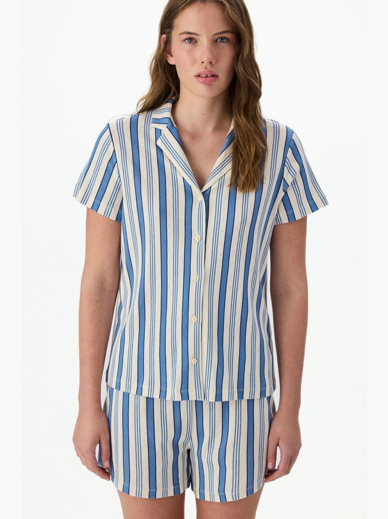 Completo pigiama a righe in pointelle con camicia a maniche corte e shorts penti Bianco Blu - Kiabi