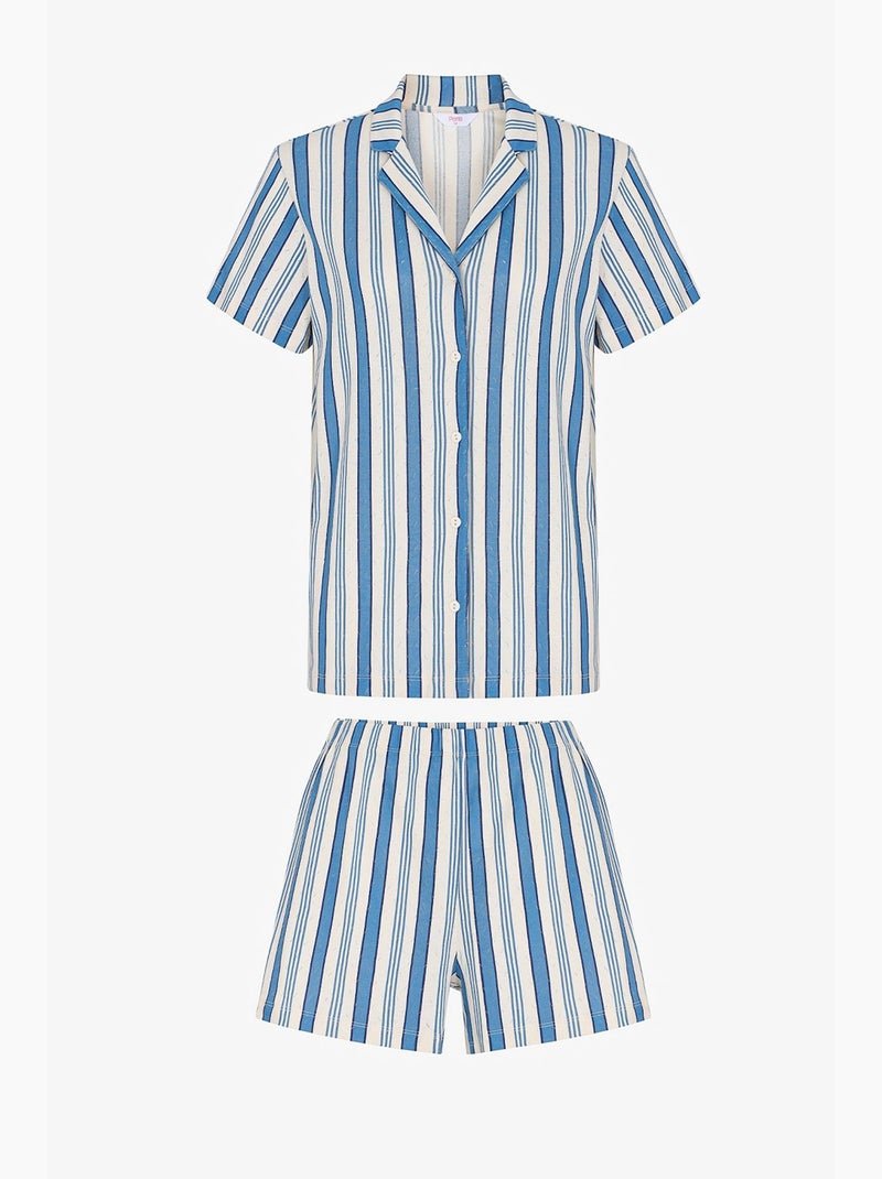 Completo pigiama a righe in pointelle con camicia a maniche corte e shorts penti Bianco Blu - Kiabi