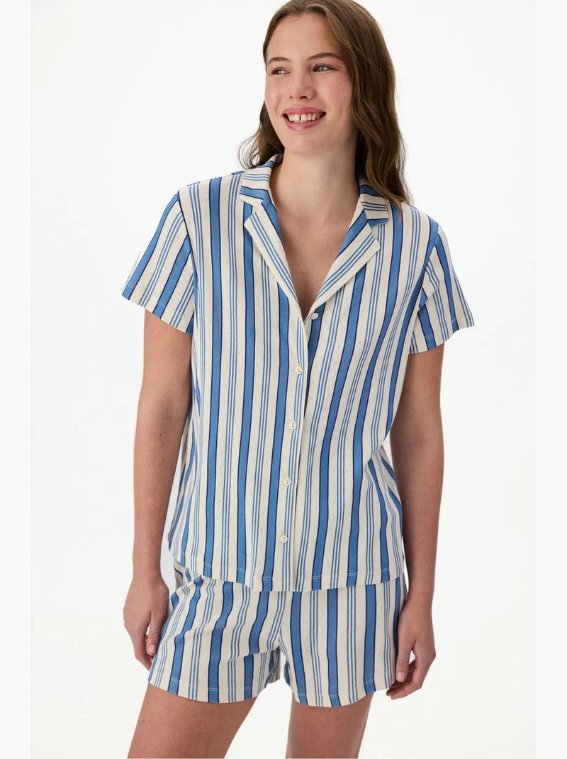 Completo pigiama a righe in pointelle con camicia a maniche corte e shorts penti Bianco Blu - Kiabi