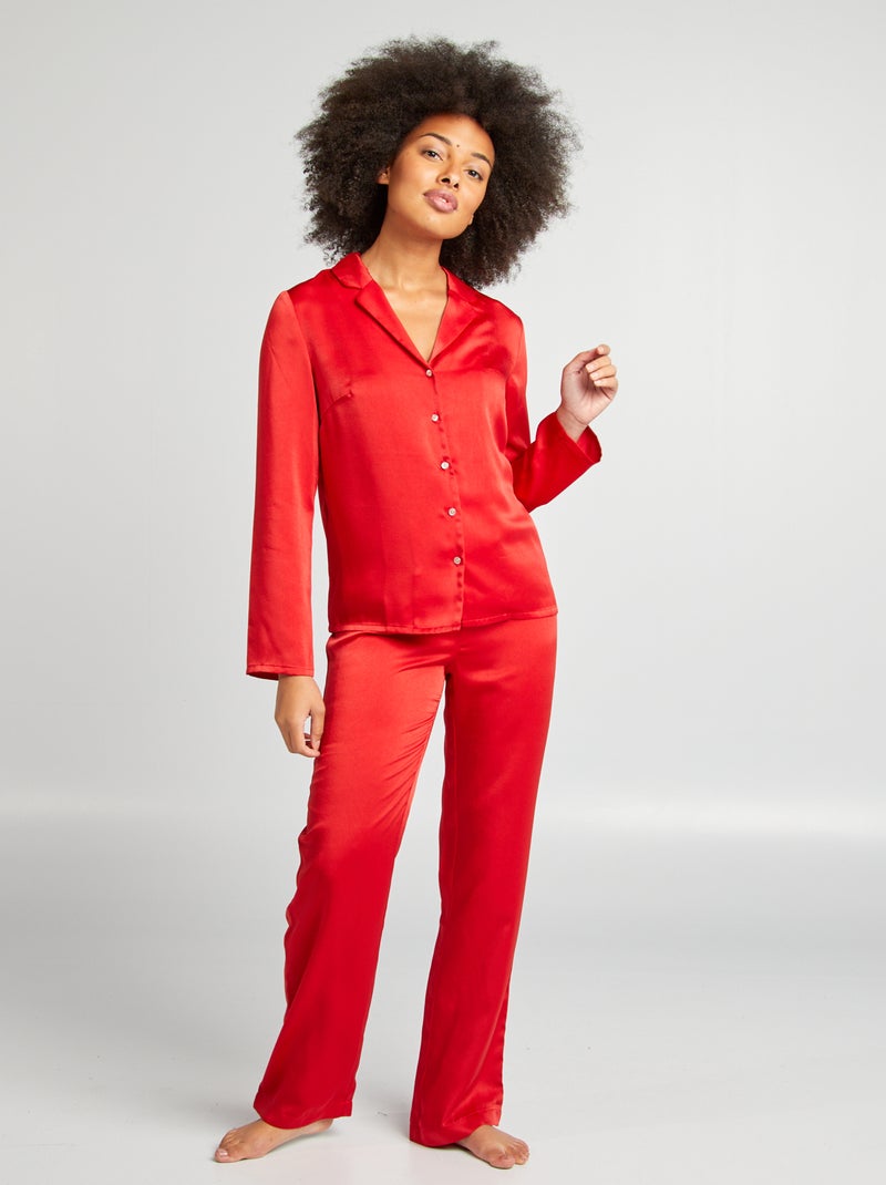 Completo pigiama camicia + pantaloni in raso ROSSO - Kiabi