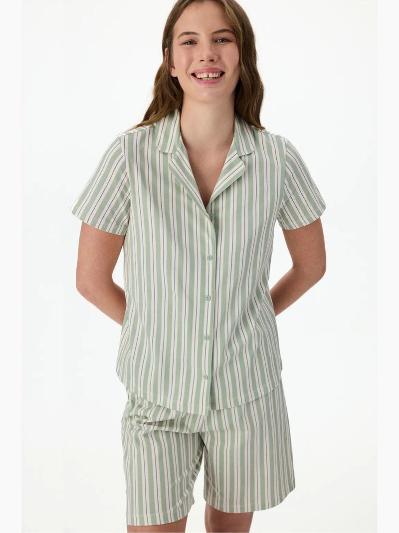 Completo pigiama comodo a righe con camicia a maniche corte penti Bianco Verde - Kiabi