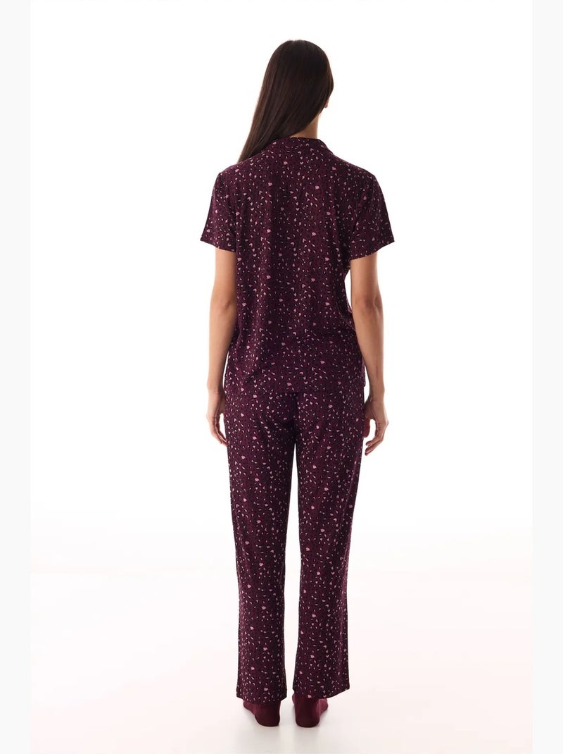 Completo pigiama con camicia e pantaloni, leopardato, a coste, manica corta penti Rosso bordeaux - Kiabi