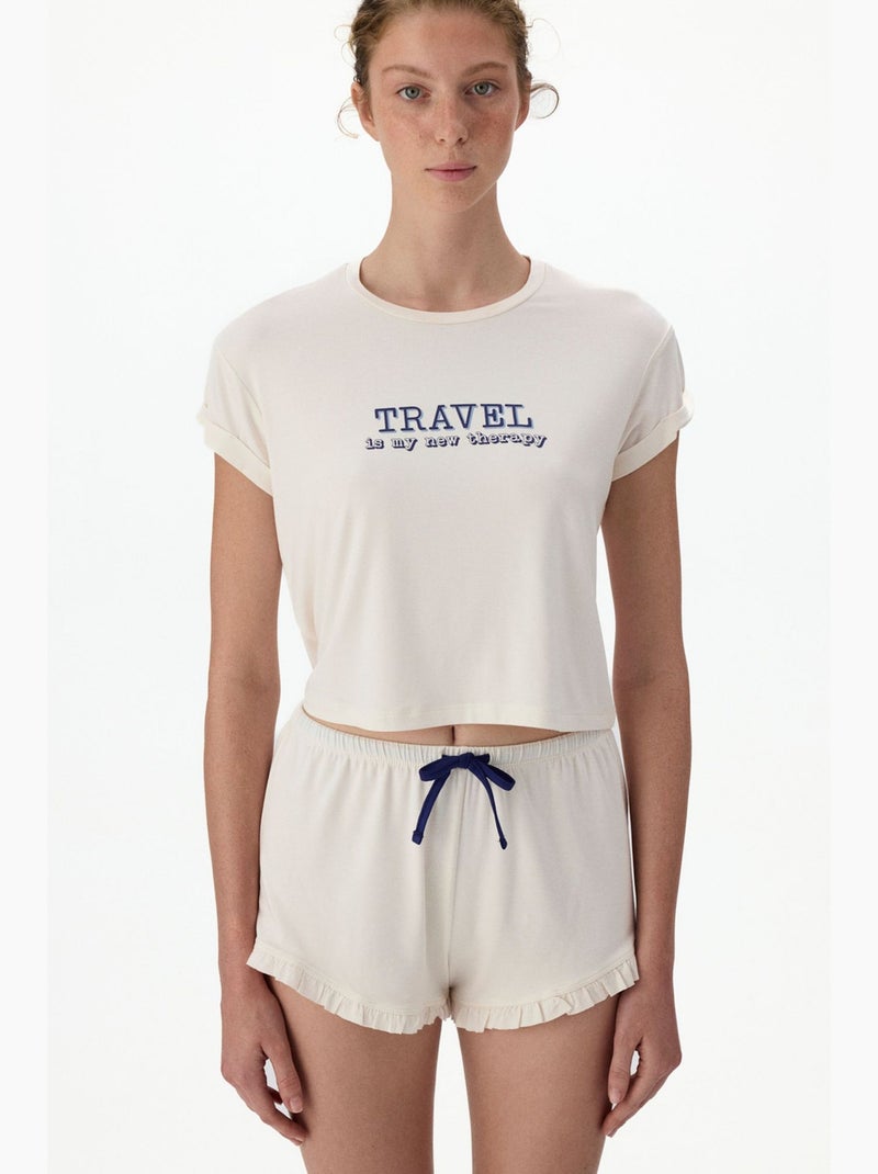 Completo pigiama corto con stampa travel slogan, volant e maniche corte penti Bianco sporco - Kiabi