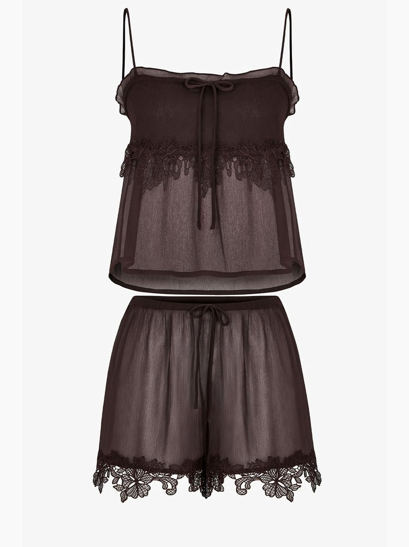 Completo pigiama corto in chiffon e pizzo jasmin penti Marrone cioccolato - Kiabi