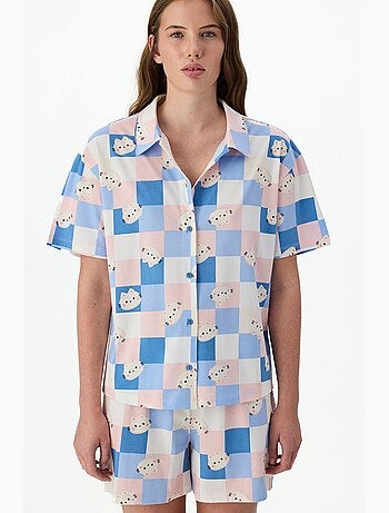Completo pigiama cuteness a quadri con camicia a maniche corte e shorts penti