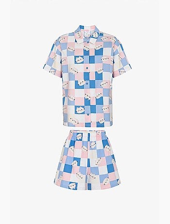 Completo pigiama cuteness a quadri con camicia a maniche corte e shorts penti
