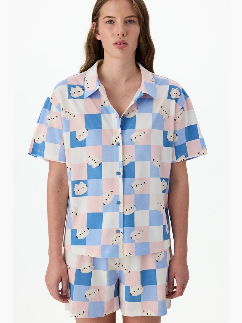 Completo pigiama cuteness a quadri con camicia a maniche corte e shorts penti Blu Rosa Bianco - Kiabi