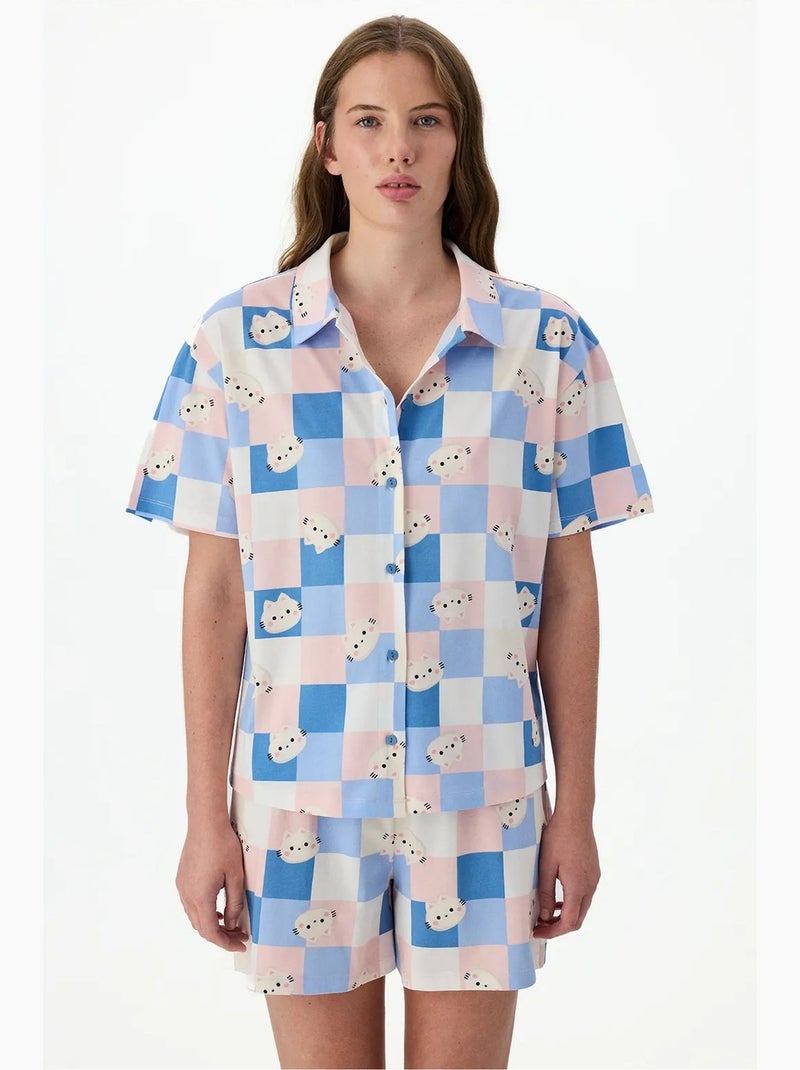 Completo pigiama cuteness a quadri con camicia a maniche corte e shorts penti Blu Rosa Bianco - Kiabi