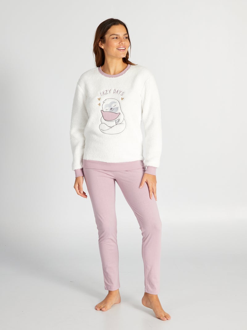 Completo pigiama felpa + pantaloni - 2 pezzi bianco/rosa - Kiabi