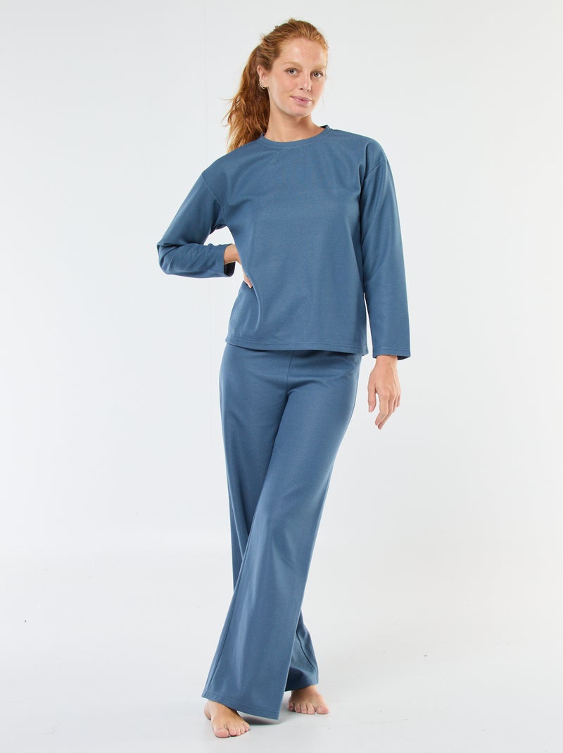 Completo pigiama lungo in maglia waffle - 2 pezzi Blu - Kiabi
