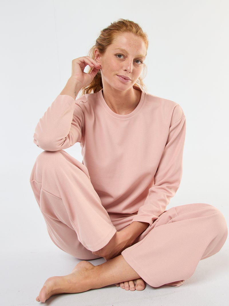 Completo pigiama lungo in maglia waffle - 2 pezzi Rosa - Kiabi