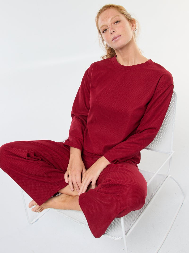 Completo pigiama lungo in maglia waffle - 2 pezzi Rosso - Kiabi