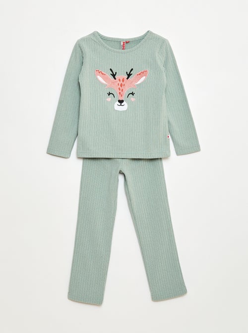 Completo pigiama lungo in materiale soffice e a coste t-shirt + pantaloni - 2 pezzi - Kiabi