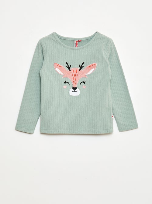 Completo pigiama lungo in materiale soffice e a coste t-shirt + pantaloni - 2 pezzi - Kiabi