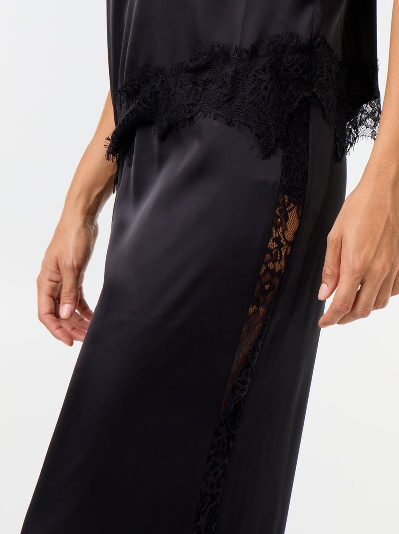 Completo pigiama lungo in raso top + pantaloni - 2 pezzi Nero - Kiabi