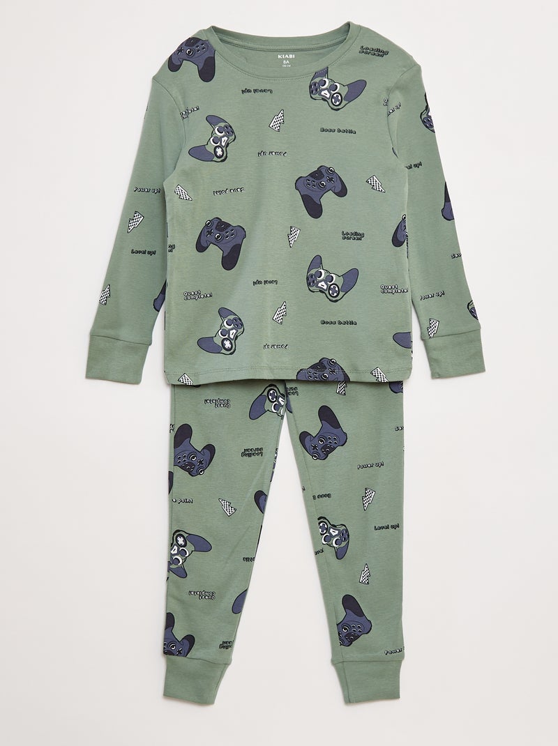 Completo pigiama lungo t-shirt + pantaloni con motivo all over Verde - Kiabi