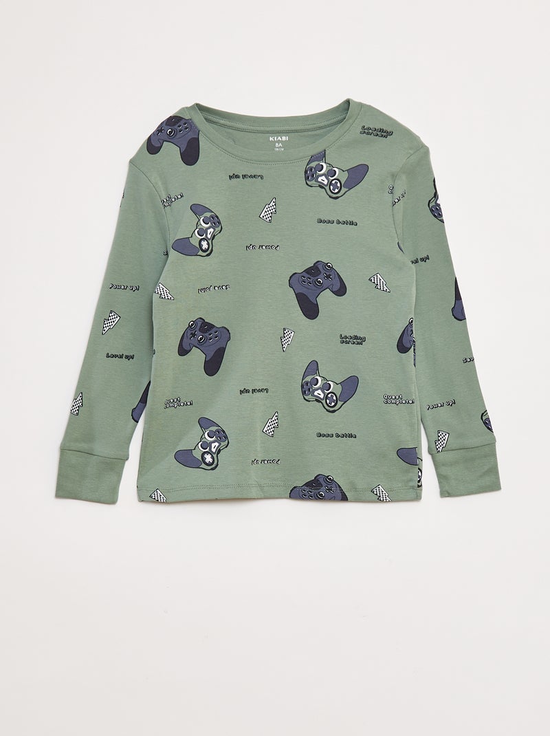 Completo pigiama lungo t-shirt + pantaloni con motivo all over Verde - Kiabi