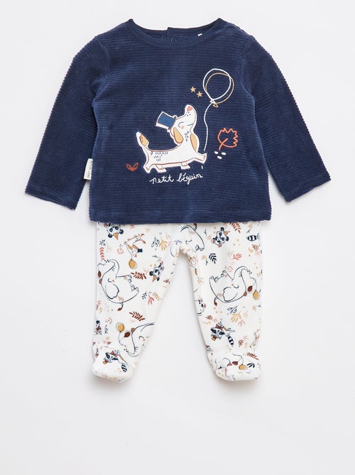 Completo pigiama lungo t-shirt + pantaloni con piedini in pile - 2 pezzi - Kiabi