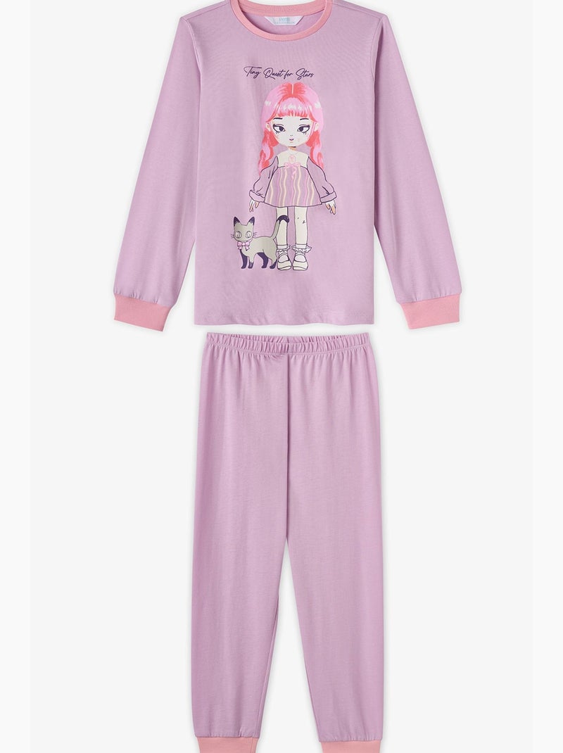 Completo pigiama starlit friends in cotone, a maniche lunghe, bambina penti Viola/Rosa - Kiabi