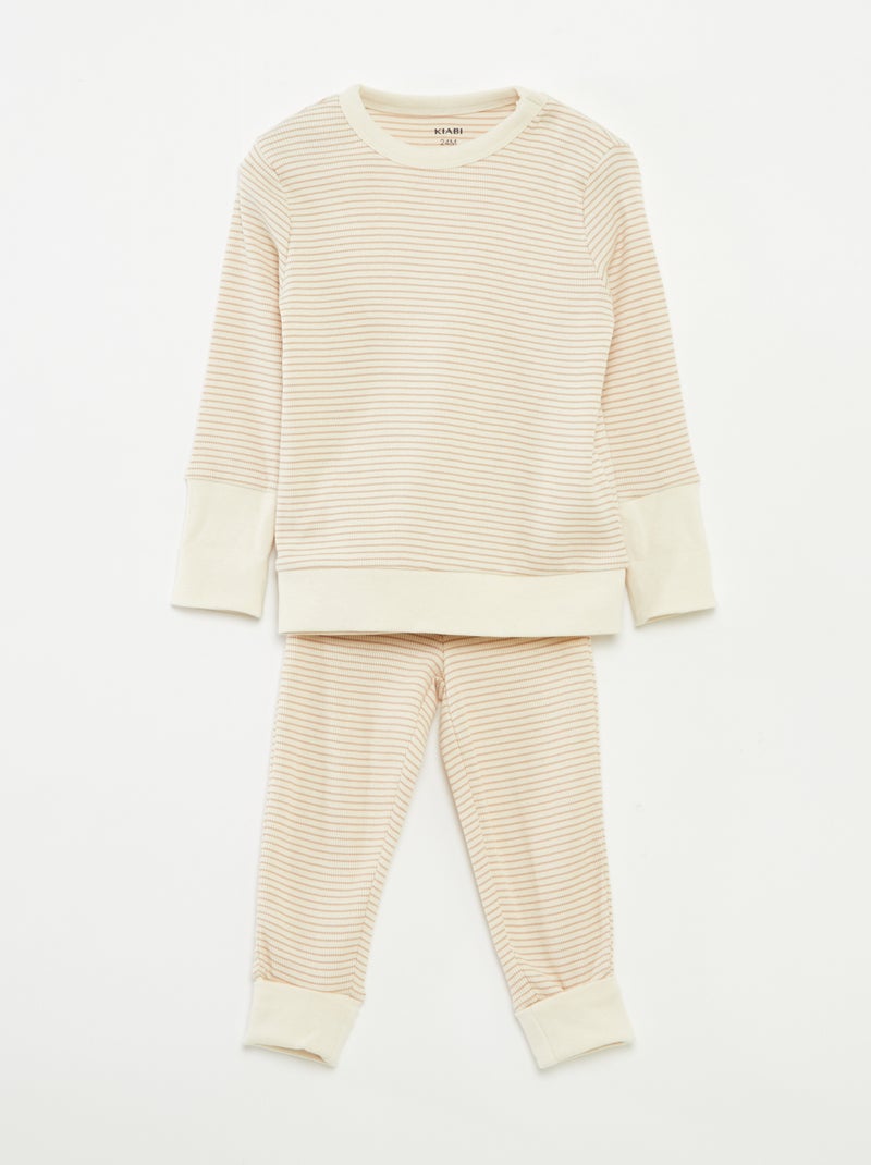 Completo pigiama t-shirt lunga + pantaloni a righe - 2 pezzi Beige - Kiabi