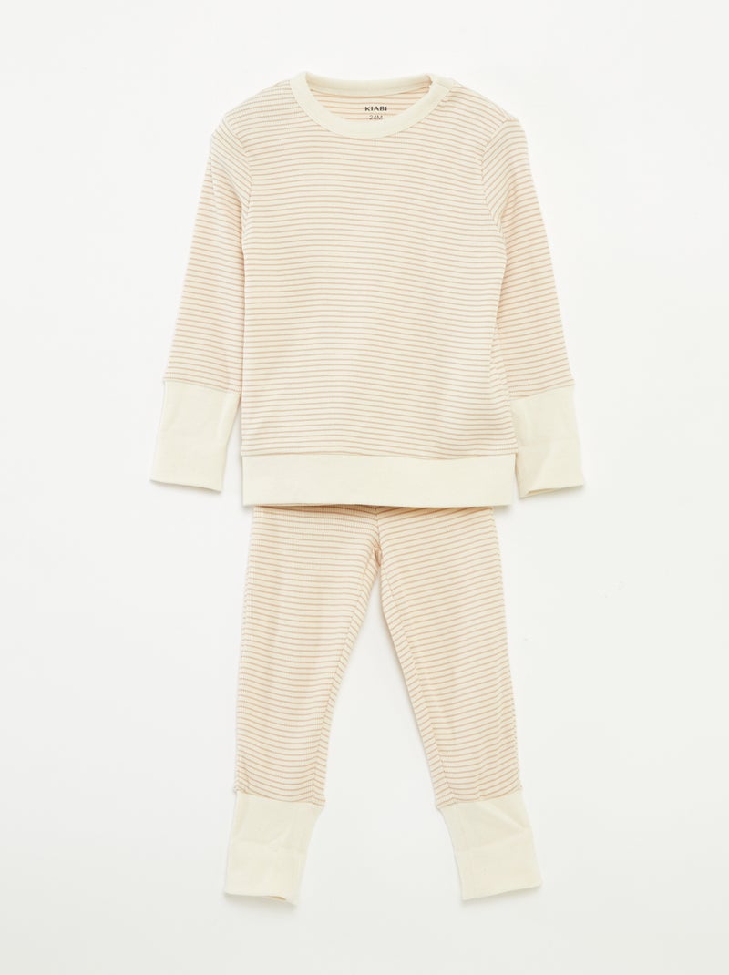 Completo pigiama t-shirt lunga + pantaloni a righe - 2 pezzi Beige - Kiabi