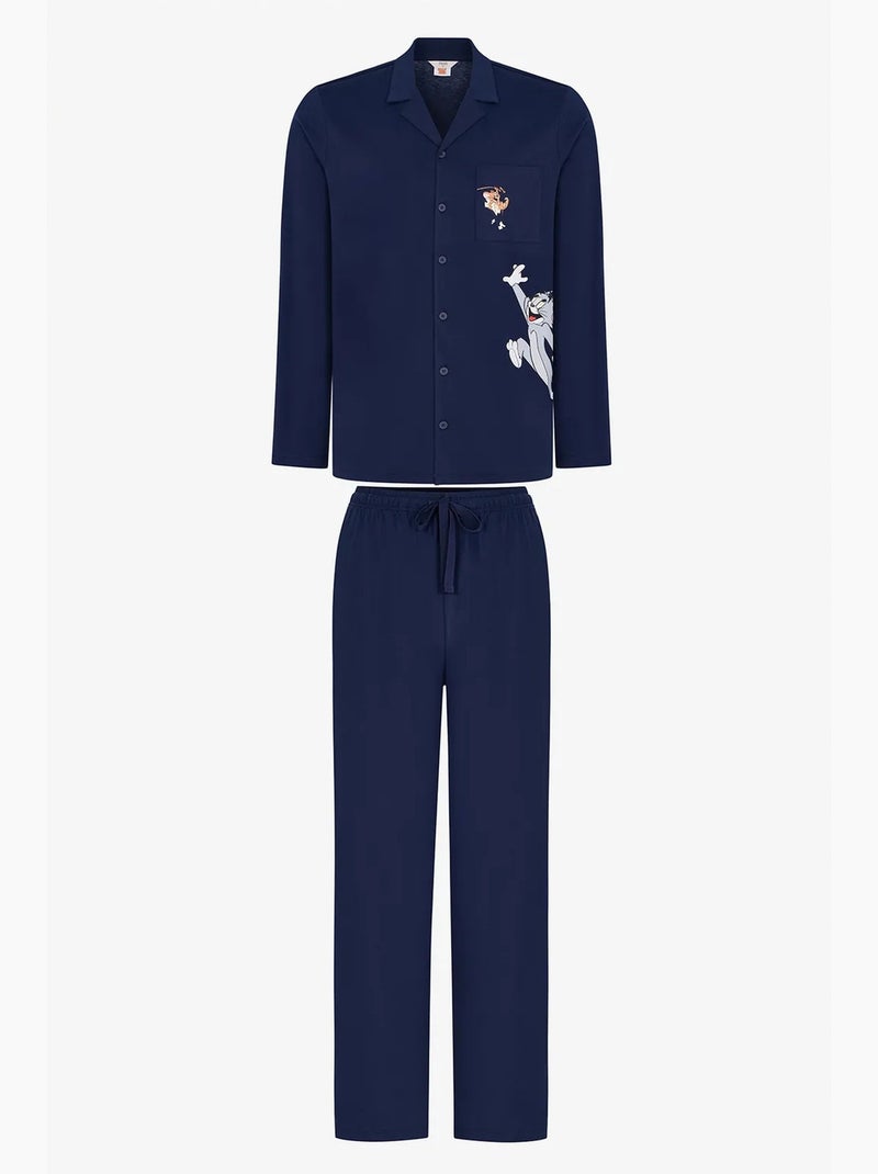 Completo pigiama uomo tom&jerry con camicia a maniche lunghe e pantaloni penti Blu marino - Kiabi