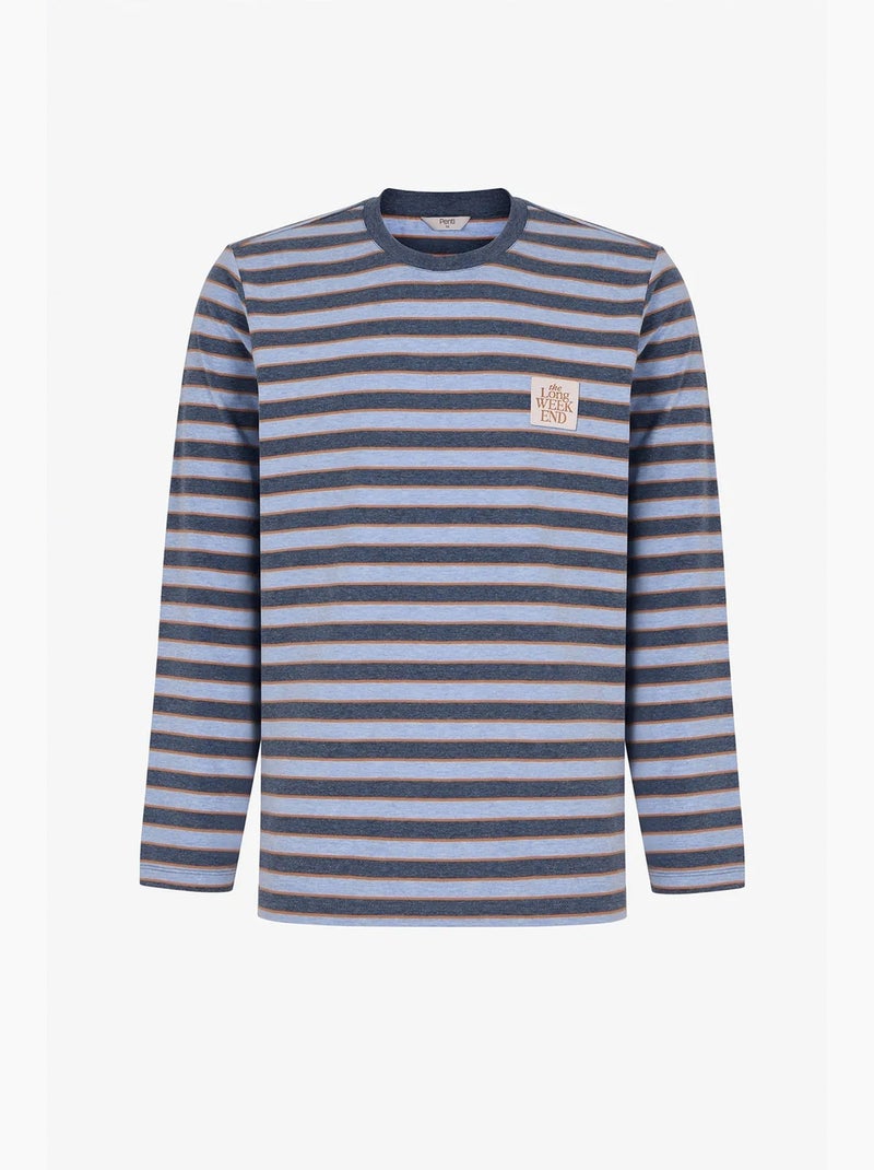 Completo pigiama uomo weekend a righe, maniche lunghe, jogger penti Blu - Kiabi