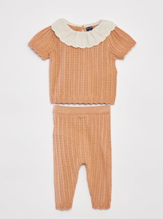 Completo t-blusa con collo fantasia + legging in tricot