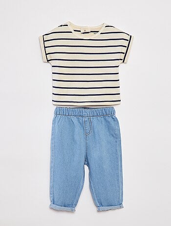 Completo t-shirt a righe + pantaloni in denim - 2 pezzi
