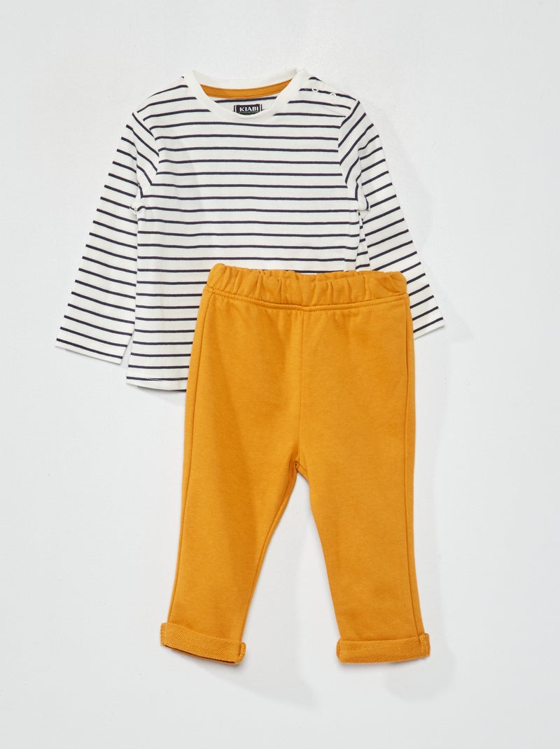 Completo t-shirt con stampa + pantaloni french terry a righe blu - Kiabi