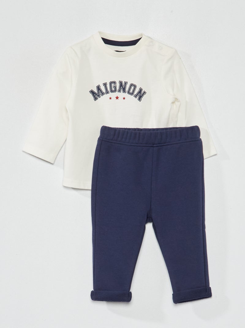 Completo t-shirt con stampa + pantaloni french terry BIANCO - Kiabi