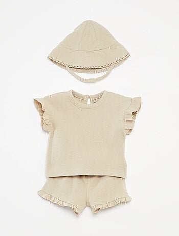 Completo t-shirt + shorts + cappellino bob in tessuto goffrato - 3 pezzi