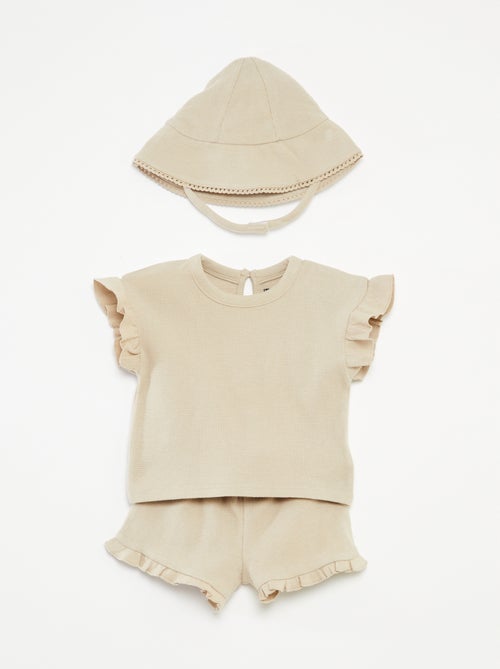 Completo t-shirt + shorts + cappellino bob in tessuto goffrato - 3 pezzi - Kiabi