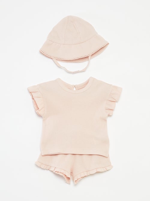 Completo t-shirt + shorts + cappellino bob in tessuto goffrato - 3 pezzi - Kiabi