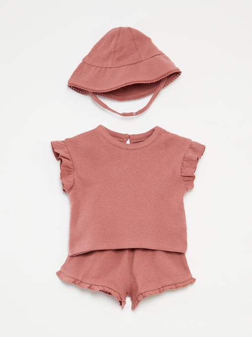Completo t-shirt + shorts + cappellino bob in tessuto goffrato - 3 pezzi - Kiabi