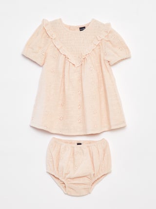 Completo vestito con ricami a punto inglese + slip - 2 pezzi