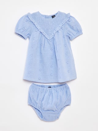 Completo vestito con ricami a punto inglese + slip - 2 pezzi