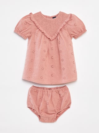 Completo vestito con ricami a punto inglese + slip - 2 pezzi