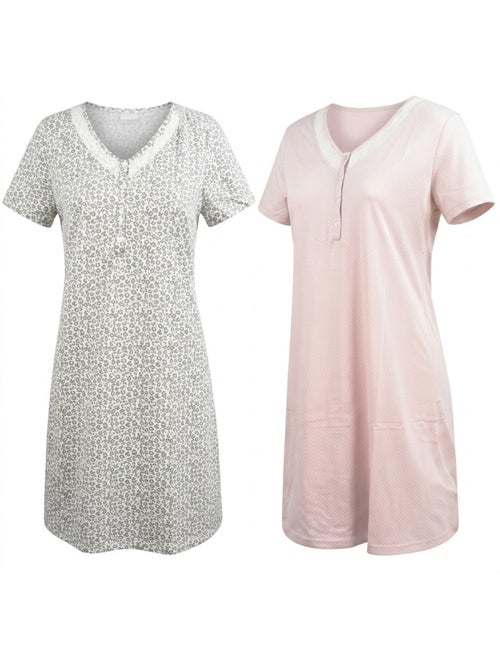 Confezione 2 Camicie da Notte Donna Pizzo Bottoni Manica Corta Cotone OZABI - Kiabi