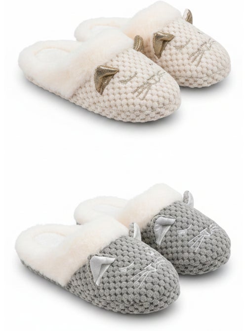 Confezione 2 Paia Pantofole Donna Gatto Fodera Eco-Pelliccia - Kiabi Confezione 2 Paia Pantofole Donna Gatto Fodera Eco-Pelliccia - Kiabi