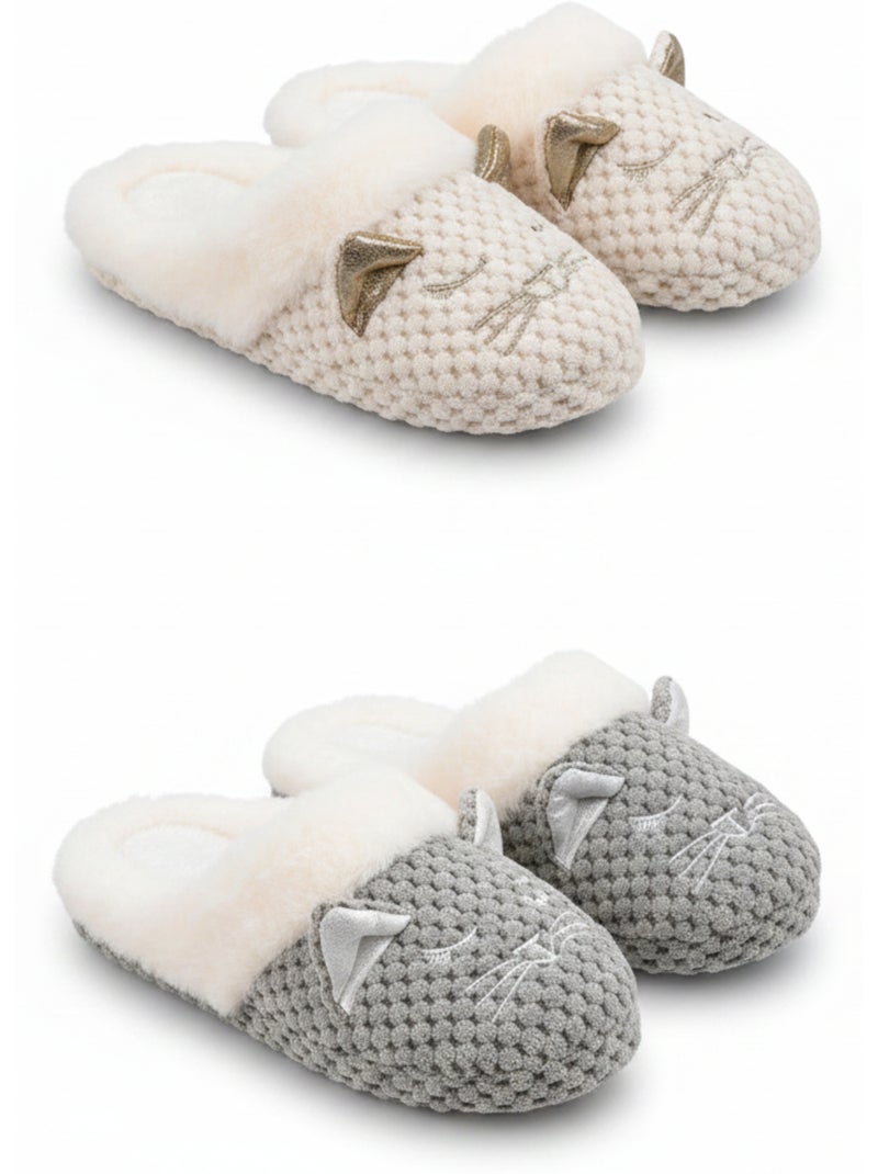 Confezione 2 Paia Pantofole Donna Gatto Fodera Eco-Pelliccia Multicolore - Kiabi