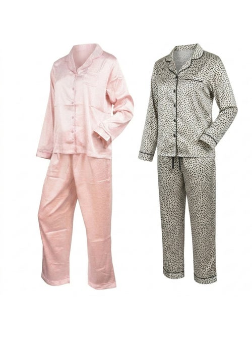Confezione 2 Pigiami Donna Lunghi Satinati Stampati Collo Camicia OZABI - Kiabi Confezione 2 Pigiami Donna Lunghi Satinati Stampati Collo Camicia OZABI - Kiabi
