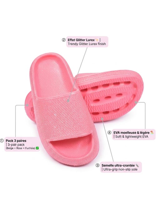 Confezione 3 Ciabattine Bambina Glitter Paillettes - Beige Rosa Fucsia - Kiabi Confezione 3 Ciabattine Bambina Glitter Paillettes - Beige Rosa Fucsia - Kiabi