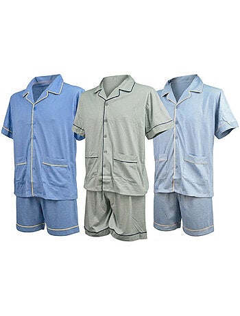 Confezione 3 Pigiami Corti Uomo Cotone Maggioritario, Collo Camicia Bottoni