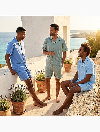 Confezione 3 Pigiami Corti Uomo Cotone Maggioritario, Collo Camicia Bottoni