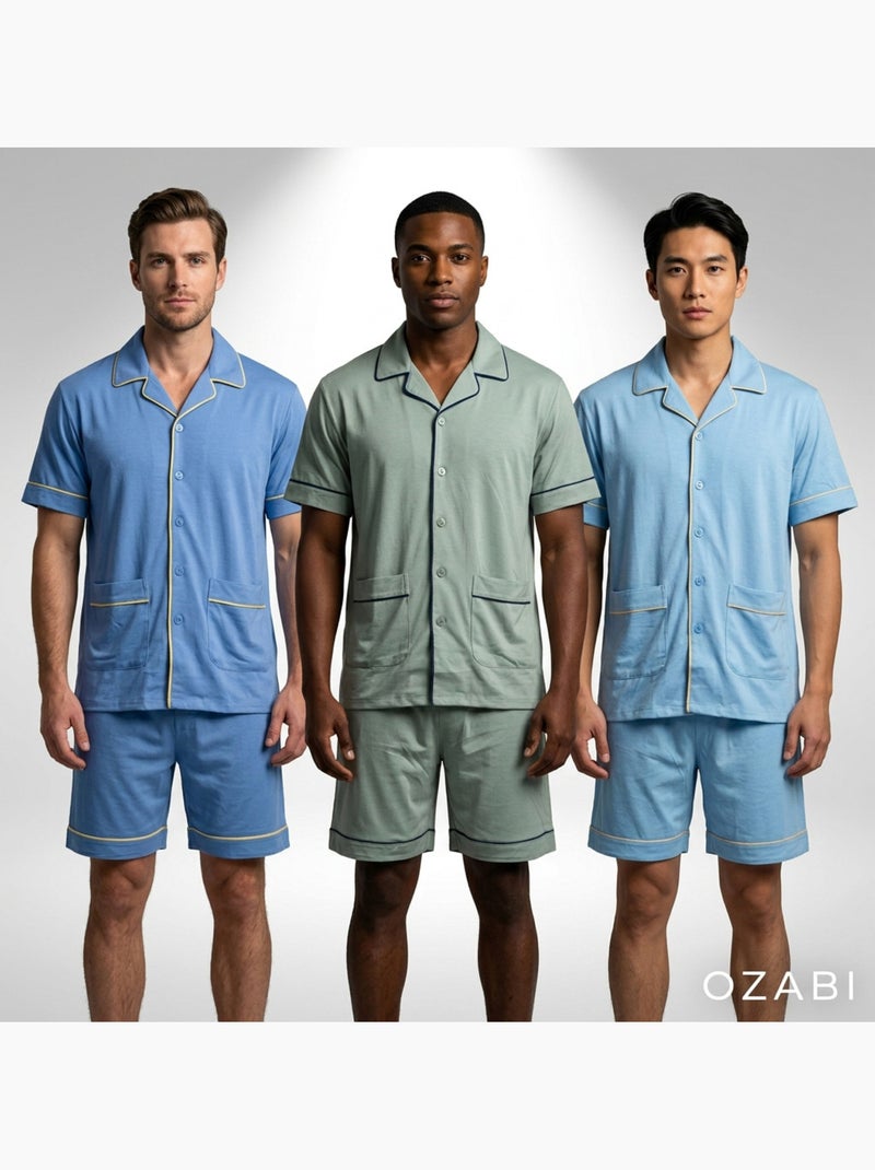Confezione 3 Pigiami Corti Uomo Cotone Maggioritario, Collo Camicia Bottoni Blu grigio - Kiabi