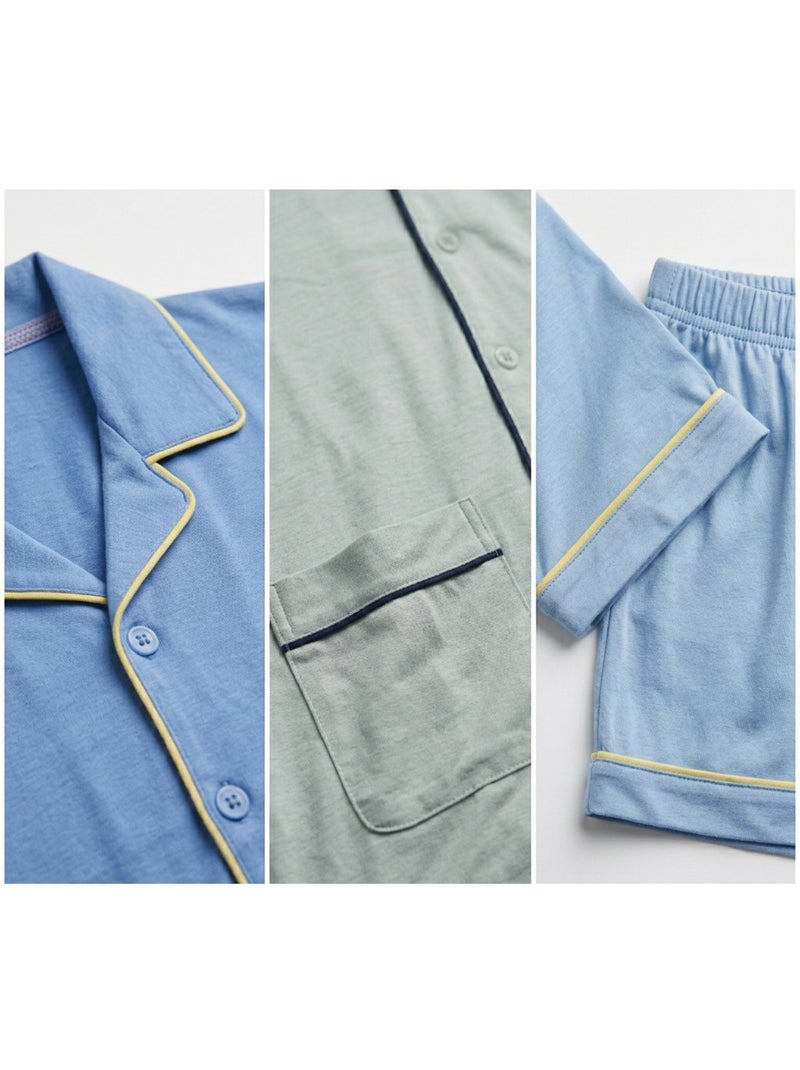 Confezione 3 Pigiami Corti Uomo Cotone Maggioritario, Collo Camicia Bottoni Blu grigio - Kiabi