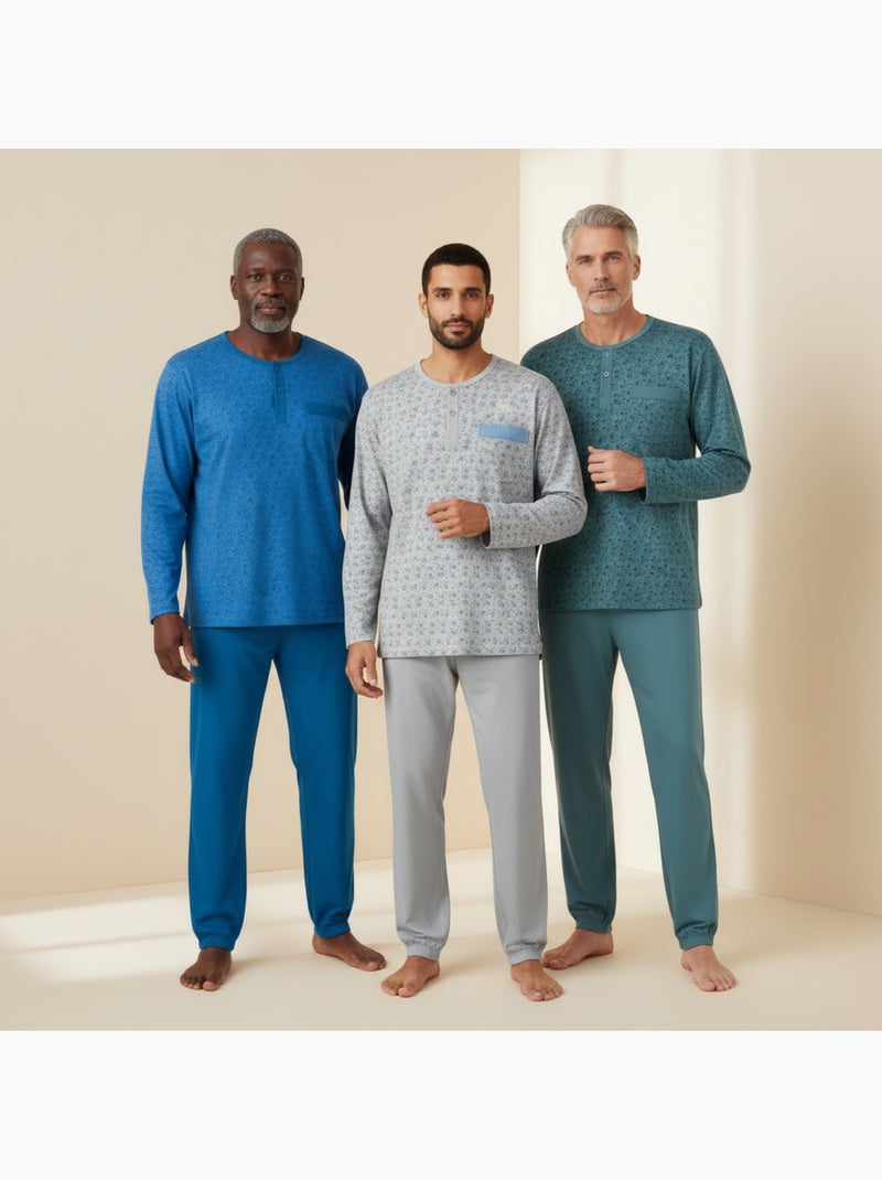 Confezione 3 pigiami uomo lunghi ozabi, stampa, collo bottone Blu Grigio Blu - Kiabi