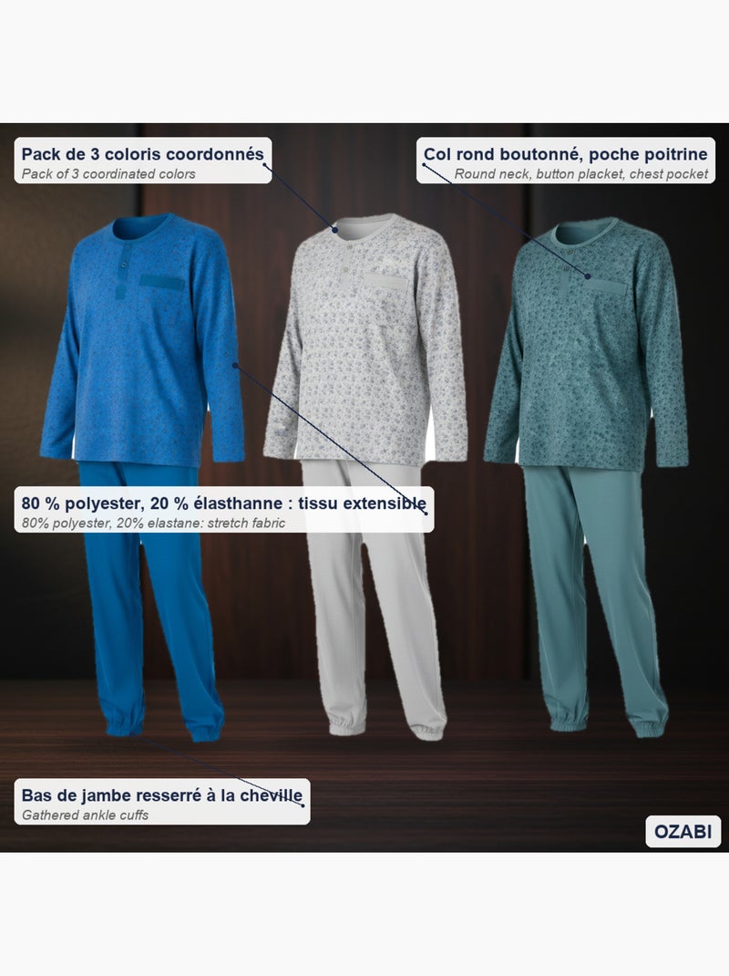 Confezione 3 pigiami uomo lunghi ozabi, stampa, collo bottone Blu Grigio Blu - Kiabi